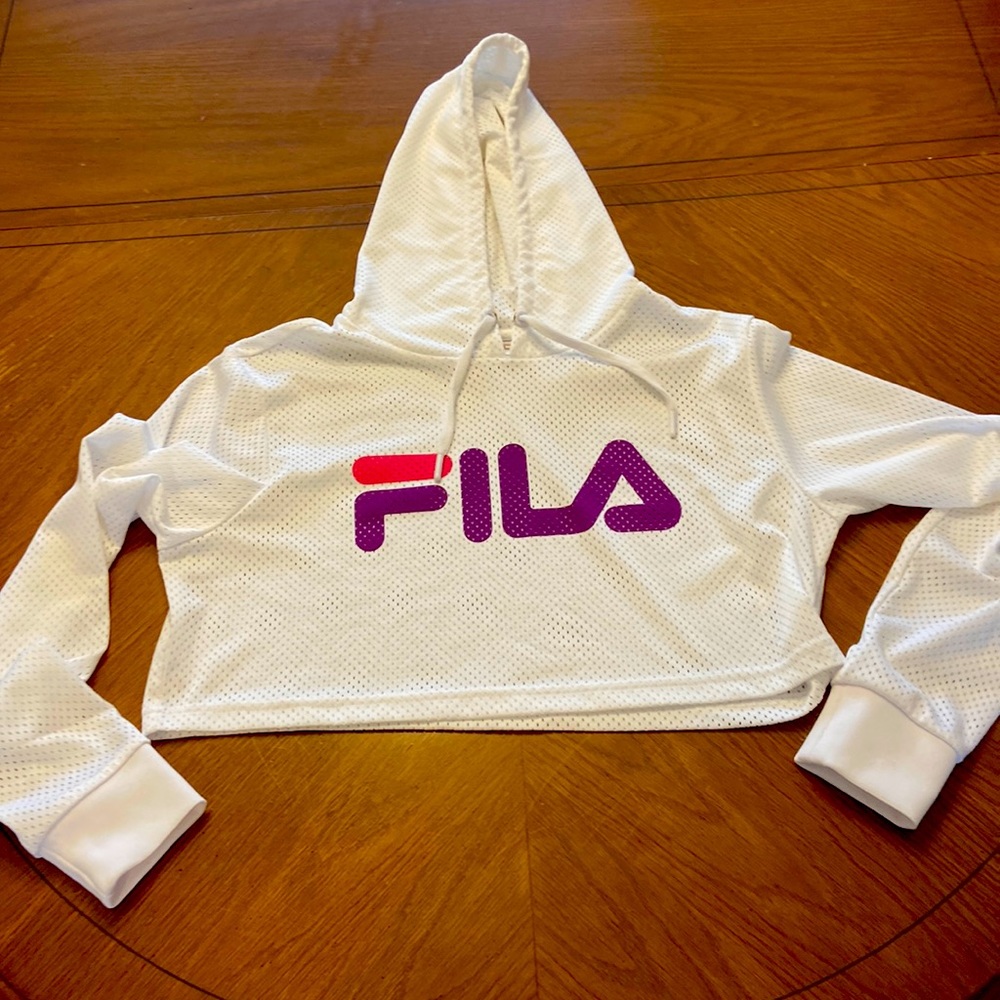 FILA cropped ventilated drawstring hoodie size small white w/ purple and pink
